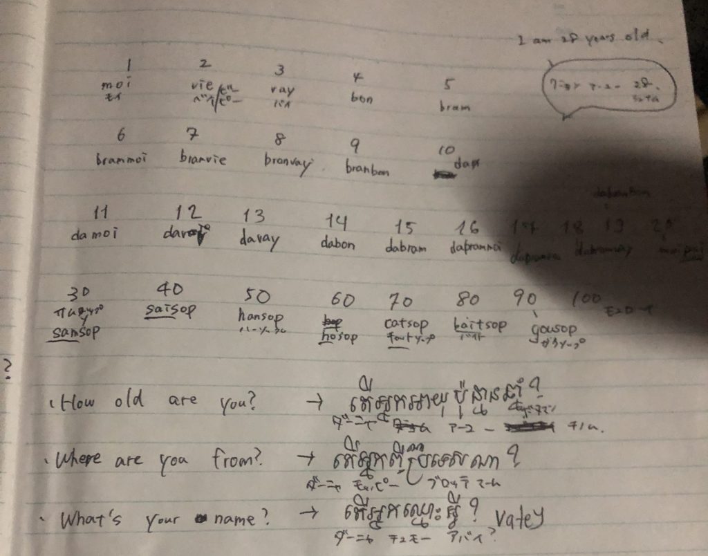 教えてもらったクメールの数字。指が入っちゃってますが…。